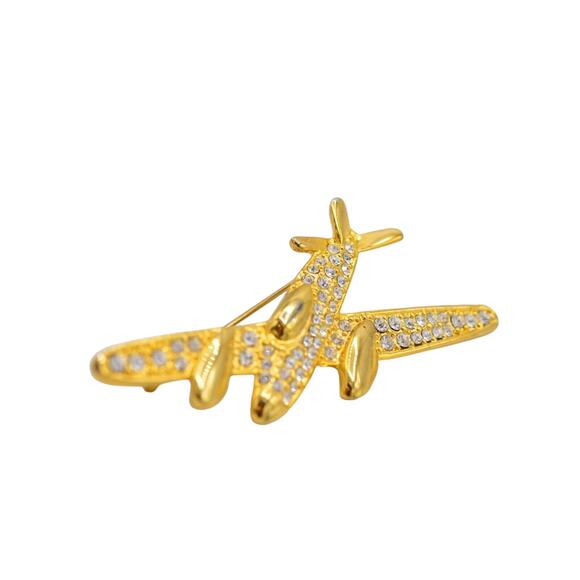 Crystal Airplane Pin Brooch Gold Pave Rhinestone Statement Vintage 1980s Bin1 - Picture 5 of 9